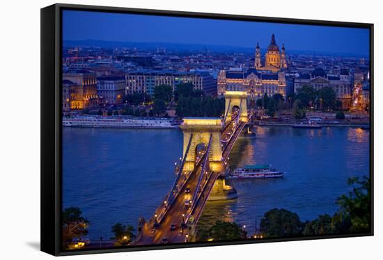 Europe, Hungary, Budapest. Chain Bridge Lit at Night-Jaynes Gallery-Framed Stretched Canvas