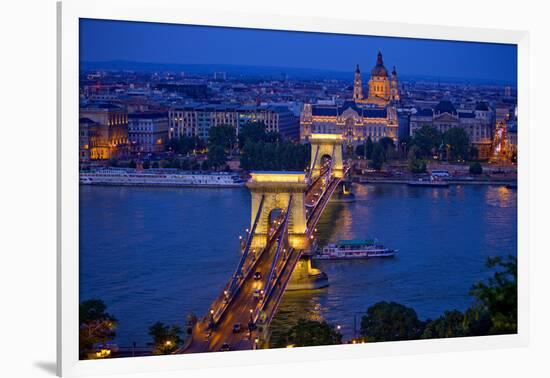 Europe, Hungary, Budapest. Chain Bridge Lit at Night-Jaynes Gallery-Framed Photographic Print