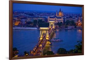 Europe, Hungary, Budapest. Chain Bridge Lit at Night-Jaynes Gallery-Framed Photographic Print