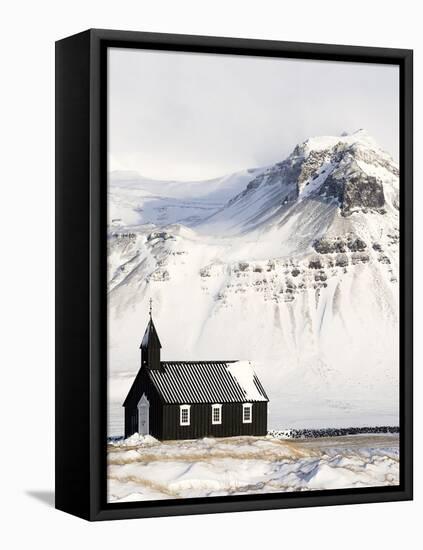 Europe, Iceland, Budir - The Famous Black Church Of Budir Facing A Mountain-Aliaume Chapelle-Framed Stretched Canvas