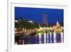 Europe, Ireland, Dublin. Ha Penny Bridge and River Liffey lit at night.-Jaynes Gallery-Framed Photographic Print