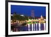Europe, Ireland, Dublin. Ha Penny Bridge and River Liffey lit at night.-Jaynes Gallery-Framed Photographic Print