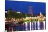 Europe, Ireland, Dublin. Ha Penny Bridge and River Liffey lit at night.-Jaynes Gallery-Mounted Photographic Print