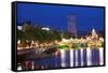 Europe, Ireland, Dublin. Ha Penny Bridge and River Liffey lit at night.-Jaynes Gallery-Framed Stretched Canvas