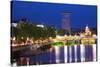 Europe, Ireland, Dublin. Ha Penny Bridge and River Liffey lit at night.-Jaynes Gallery-Stretched Canvas