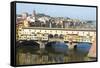 Europe, Italy, Florence. View of Arno River and Ponte Vecchio-Trish Drury-Framed Stretched Canvas