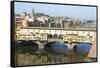 Europe, Italy, Florence. View of Arno River and Ponte Vecchio-Trish Drury-Framed Stretched Canvas