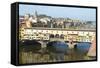 Europe, Italy, Florence. View of Arno River and Ponte Vecchio-Trish Drury-Framed Stretched Canvas