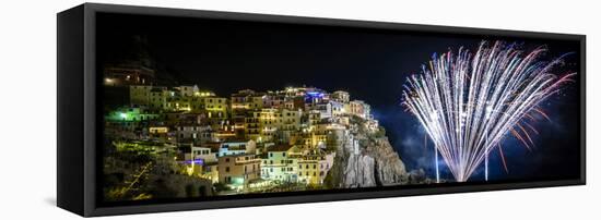 Europe, Italy, Liguria. Fireworks in Manarola for San Lorenzo-Catherina Unger-Framed Stretched Canvas