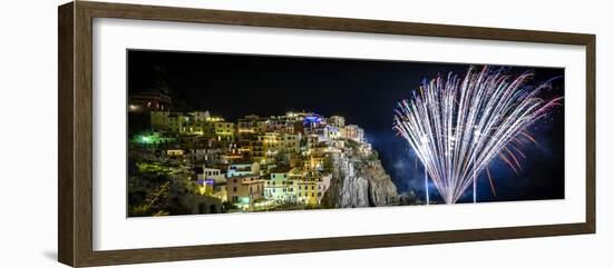 Europe, Italy, Liguria. Fireworks in Manarola for San Lorenzo-Catherina Unger-Framed Photographic Print