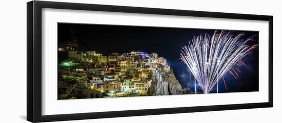 Europe, Italy, Liguria. Fireworks in Manarola for San Lorenzo-Catherina Unger-Framed Photographic Print