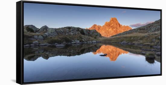 Europe, Italy, Trentino, Rolle pass. Cimon della Pala reflected in the lakes of Cavallazza at sunse-ClickAlps-Framed Stretched Canvas