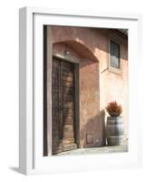 Europe, Italy, Tuscany. Flower Pot on Old Wine Barrel at Winery-Julie Eggers-Framed Photographic Print