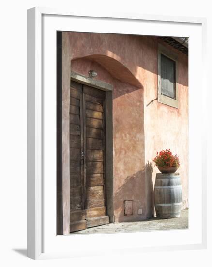 Europe, Italy, Tuscany. Flower Pot on Old Wine Barrel at Winery-Julie Eggers-Framed Photographic Print