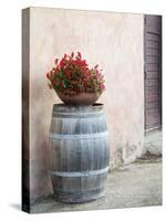 Europe, Italy, Tuscany. Flower Pot on Old Wine Barrel at Winery-Julie Eggers-Stretched Canvas