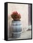 Europe, Italy, Tuscany. Flower Pot on Old Wine Barrel at Winery-Julie Eggers-Framed Stretched Canvas