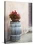 Europe, Italy, Tuscany. Flower Pot on Old Wine Barrel at Winery-Julie Eggers-Stretched Canvas