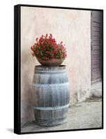 Europe, Italy, Tuscany. Flower Pot on Old Wine Barrel at Winery-Julie Eggers-Framed Stretched Canvas