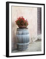 Europe, Italy, Tuscany. Flower Pot on Old Wine Barrel at Winery-Julie Eggers-Framed Premium Photographic Print