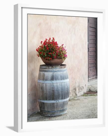 Europe, Italy, Tuscany. Flower Pot on Old Wine Barrel at Winery-Julie Eggers-Framed Premium Photographic Print