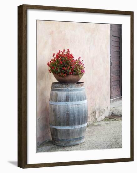 Europe, Italy, Tuscany. Flower Pot on Old Wine Barrel at Winery-Julie Eggers-Framed Premium Photographic Print