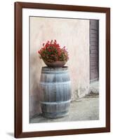 Europe, Italy, Tuscany. Flower Pot on Old Wine Barrel at Winery-Julie Eggers-Framed Photographic Print