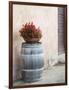 Europe, Italy, Tuscany. Flower Pot on Old Wine Barrel at Winery-Julie Eggers-Framed Photographic Print