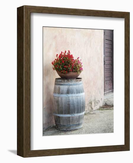 Europe, Italy, Tuscany. Flower Pot on Old Wine Barrel at Winery-Julie Eggers-Framed Photographic Print