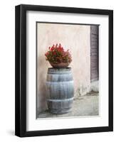 Europe, Italy, Tuscany. Flower Pot on Old Wine Barrel at Winery-Julie Eggers-Framed Photographic Print