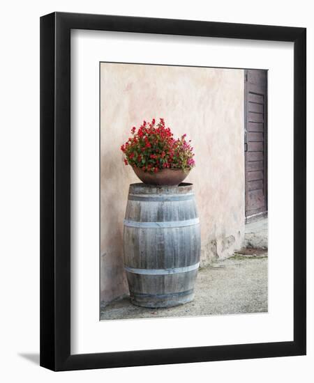 Europe, Italy, Tuscany. Flower Pot on Old Wine Barrel at Winery-Julie Eggers-Framed Photographic Print