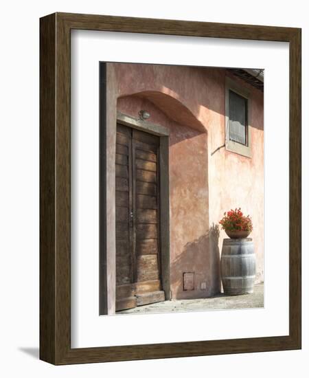 Europe, Italy, Tuscany. Flower Pot on Old Wine Barrel at Winery-Julie Eggers-Framed Photographic Print