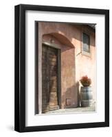 Europe, Italy, Tuscany. Flower Pot on Old Wine Barrel at Winery-Julie Eggers-Framed Photographic Print