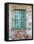 Europe, Italy, Tuscany. Turquoise Window on Brick Building-Julie Eggers-Framed Stretched Canvas