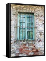 Europe, Italy, Tuscany. Turquoise Window on Brick Building-Julie Eggers-Framed Stretched Canvas