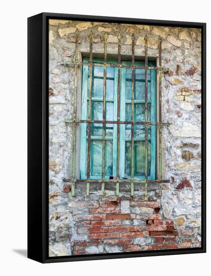 Europe, Italy, Tuscany. Turquoise Window on Brick Building-Julie Eggers-Framed Stretched Canvas