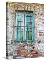 Europe, Italy, Tuscany. Turquoise Window on Brick Building-Julie Eggers-Stretched Canvas