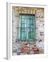 Europe, Italy, Tuscany. Turquoise Window on Brick Building-Julie Eggers-Framed Premium Photographic Print