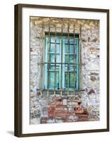 Europe, Italy, Tuscany. Turquoise Window on Brick Building-Julie Eggers-Framed Premium Photographic Print