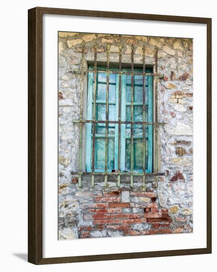 Europe, Italy, Tuscany. Turquoise Window on Brick Building-Julie Eggers-Framed Premium Photographic Print