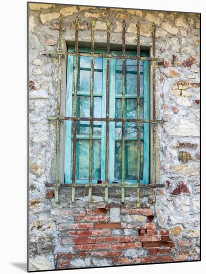 Europe, Italy, Tuscany. Turquoise Window on Brick Building-Julie Eggers-Mounted Premium Photographic Print