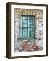 Europe, Italy, Tuscany. Turquoise Window on Brick Building-Julie Eggers-Framed Photographic Print