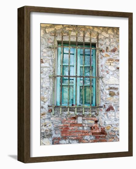 Europe, Italy, Tuscany. Turquoise Window on Brick Building-Julie Eggers-Framed Photographic Print