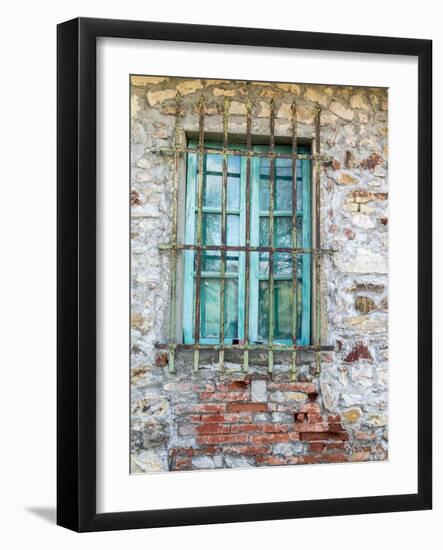 Europe, Italy, Tuscany. Turquoise Window on Brick Building-Julie Eggers-Framed Photographic Print