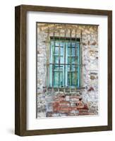 Europe, Italy, Tuscany. Turquoise Window on Brick Building-Julie Eggers-Framed Photographic Print