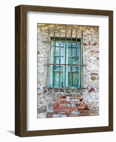 Europe, Italy, Tuscany. Turquoise Window on Brick Building-Julie Eggers-Framed Photographic Print