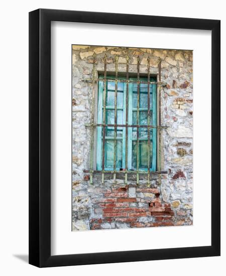 Europe, Italy, Tuscany. Turquoise Window on Brick Building-Julie Eggers-Framed Photographic Print