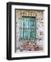 Europe, Italy, Tuscany. Turquoise Window on Brick Building-Julie Eggers-Framed Photographic Print