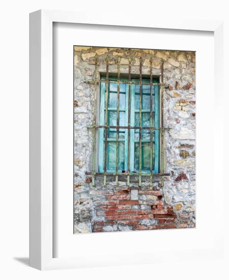 Europe, Italy, Tuscany. Turquoise Window on Brick Building-Julie Eggers-Framed Photographic Print