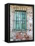 Europe, Italy, Tuscany. Turquoise Window on Brick Building-Julie Eggers-Framed Stretched Canvas