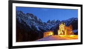 Europe, Italy, Veneto. The parish church of Falcade in the late evening with behind the towers of F-ClickAlps-Framed Photographic Print